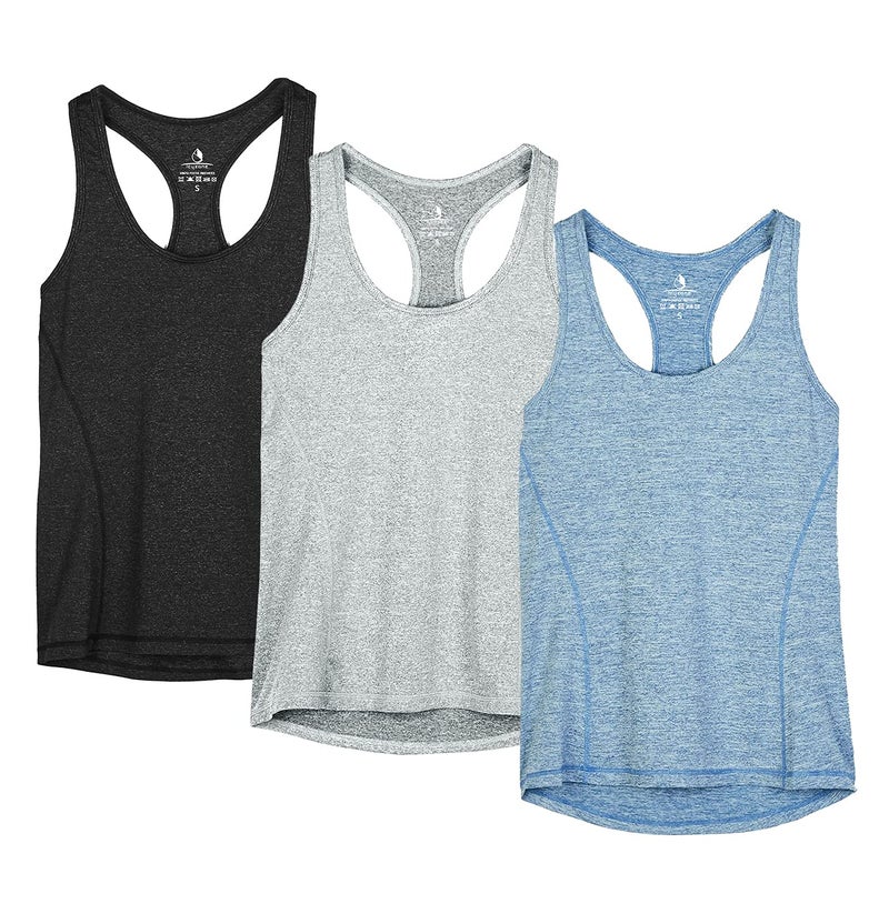 icyzone Workout Tank Tops for Women - Racerback Athletic Yoga Tops, Running Exercise Gym Shirts(Pack of 3)(S, Black/Granite/Blue) - Image 1